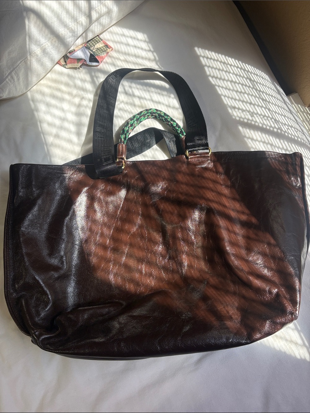 Brown Leather Tote Bag with Black Straps